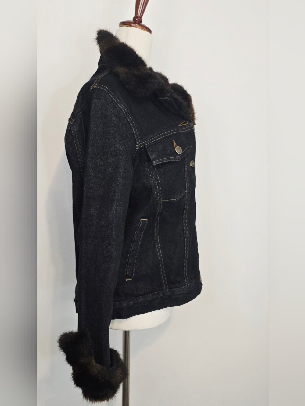 Fuda New York Faux Fur Trim Denim Jacket Y2K Dark Wash Glam Vintage Mob Wife - Picture 10 of 13